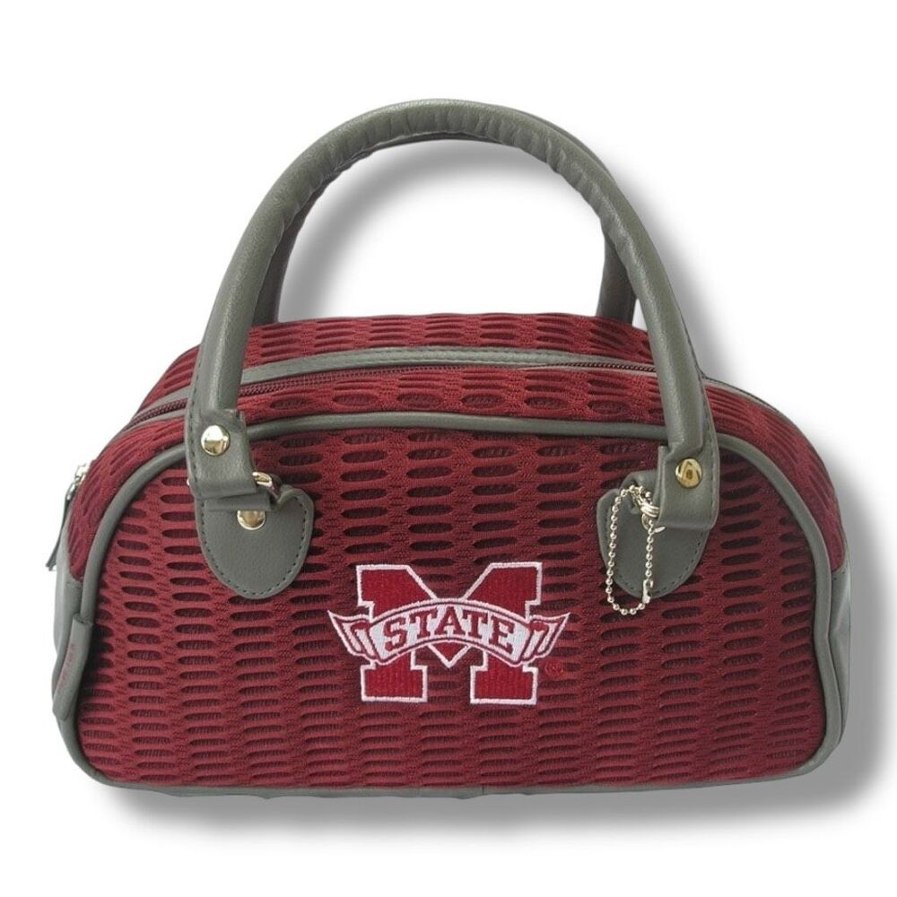 NWOT Alan Stuart Maroon and Gray Missippi State Bulldogs Mesh/ Leather Purse 5 x